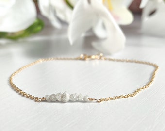 Tiny Raw Diamond Bar Bracelet 14K Gold Filled Sterling Silver Ice Grey Rough Diamond Bracelet White Diamond Nugget Bracelet April Birthstone