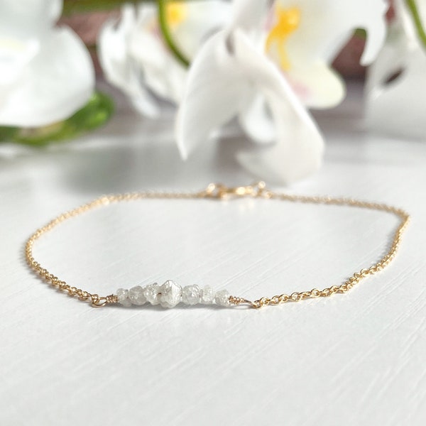 Tiny Raw Diamond Bar Bracelet 14K Gold Filled Sterling Silver Ice Grey Rough Diamond Bracelet White Diamond Nugget Bracelet April Birthstone