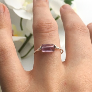 Amethyst Ring 14K Gold/Rose Gold Filled Sterling Silver, Purple Rectangle Gemstone Skinny Band Spinner Anxiety Ring February Birthstone image 1