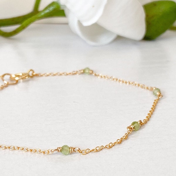 Dainty Peridot Bracelet Delicate Sterling Silver 14k Gold Rose Fill Simple Bracelet Tiny Green Gemstone Layering Bracelet August Birthstone