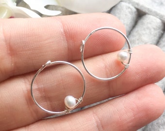 Tiny White Pearl Hoop Earrings, Sterling Silver 14k Gold-Rose Gold Filled, Dainty Pearl Earrings Simple Handmade Small Hoops June Birthstone