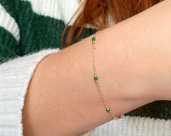 Dainty Dark Green Jade Bracelet, Delicate Sterling Silver 14k Gold Rose Gold Filled Simple Bracelet Tiny Gemstone Minimal Layering Bracelet