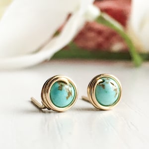Tiny Turquoise Stud Earrings Sterling Silver 14k Gold Rose Gold Filled Dainty Gem Studs, Simple Wire Wrap Earrings December Birthstone Studs image 1
