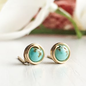 Tiny Turquoise Stud Earrings Sterling Silver 14k Gold Rose Gold Filled Dainty Gem Studs, Simple Wire Wrap Earrings December Birthstone Studs