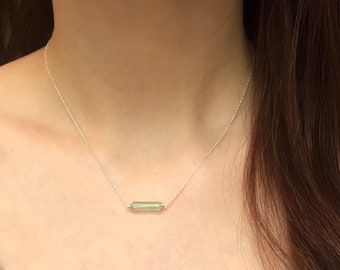 Tiny Jade Bar Necklace, Sterling Silver 14k Gold/Rose Gold, Gemstone Necklace, Dainty Pale Jade Pendant, Delicate Green Jade Column Pendant