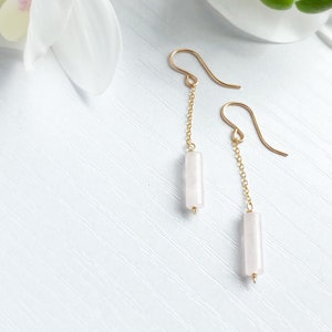 Rose Quartz Dangle Chain Earrings, Sterling Silver 14k Gold Rose Gold Filled Dainty Rose Quartz Column Tube Gemstone Chain Drop Hook Earring image 1