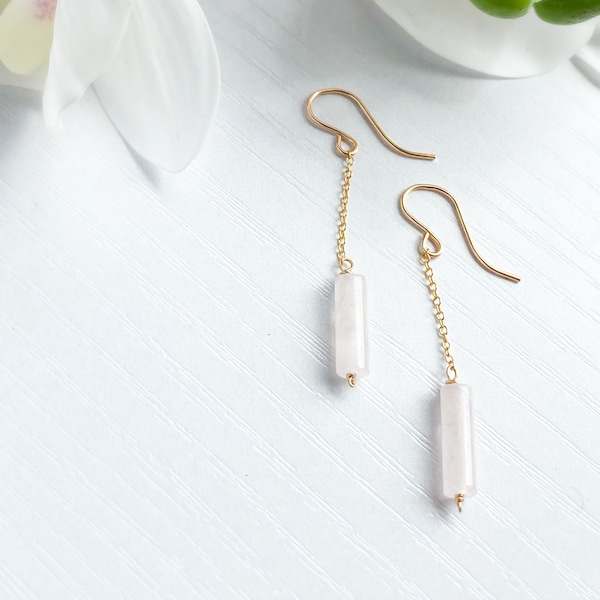 Rose Quartz Dangle Chain Earrings, Sterling Silver 14k Gold Rose Gold Filled Dainty Rose Quartz Column Tube Gemstone Chain Drop Hook Earring