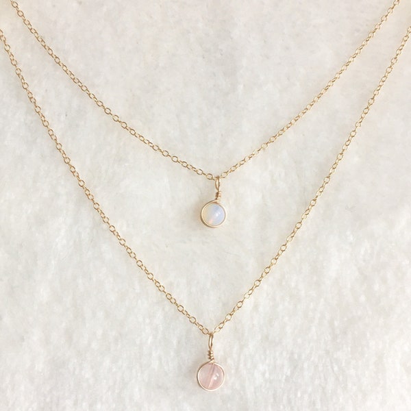 Dainty Moonstone & Rose Quartz Layered Necklace, Sterling Silver 14k Gold/Rose Gold Necklace, Tiny Pendant, Opalite Necklace, Layer Necklace