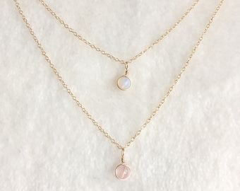 Collier superposé en pierres de lune fines et quartz rose, collier en argent sterling or 14 carats/or rose, petit pendentif, collier en opalite, collier superposé