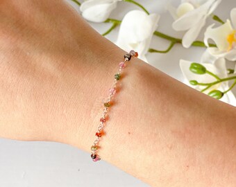 Dainty Tourmaline Bracelet, Delicate Sterling Silver Simple Rosary Bracelet, Tiny Pink Green Gemstone Minimal Layering Wire Wrap Bracelet