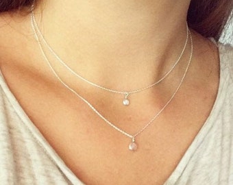 Collier superposé Dainty Moonstone & Rose Quartz, Collier en or sterling 14k Or/Rose Gold, Pendentif minuscule, Collier Opalite, Collier de couches