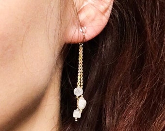 Moonstone Dangle Clip su orecchini Sterling Silver 14k Gold-Rose Gold Filled Dainty Chain Orecchini pendenti Orecchini a clip finti Crescent Moonstone
