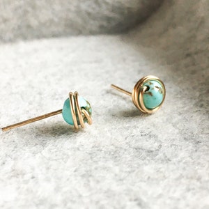 Tiny Turquoise Stud Earrings Sterling Silver 14k Gold Rose Gold Filled Dainty Gem Studs, Simple Wire Wrap Earrings December Birthstone Studs image 8