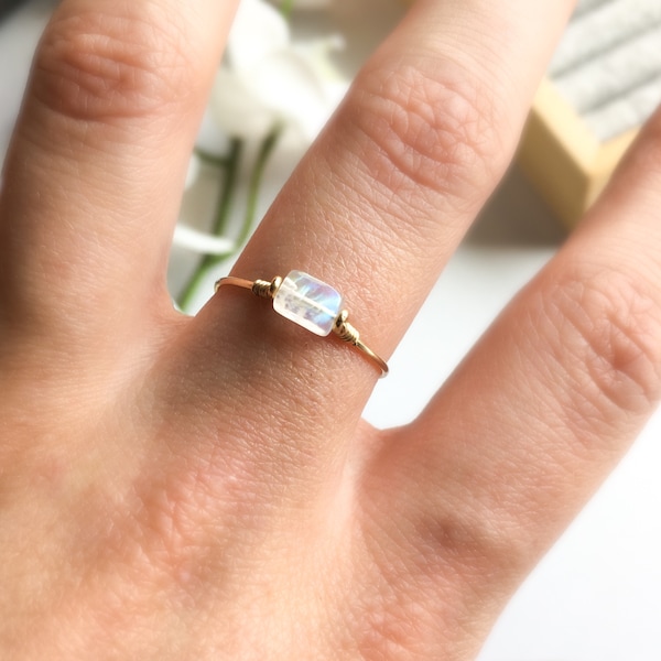 Moonstone Ring 14K Gold/Rose Gold Filled Sterling Silver Ring June Birthstone Ring Dainty Stacking Ring Tiny Rectangle Gemstone Crystal Ring
