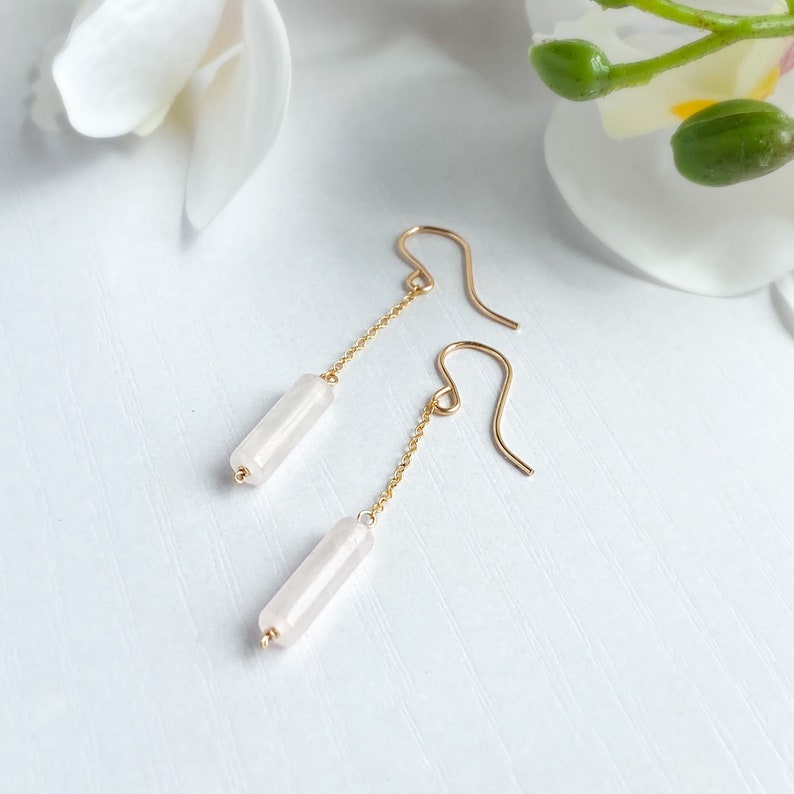 Rose Quartz Dangle Chain Earrings, Sterling Silver 14k Gold Rose Gold Filled Dainty Rose Quartz Column Tube Gemstone Chain Drop Hook Earring image 4