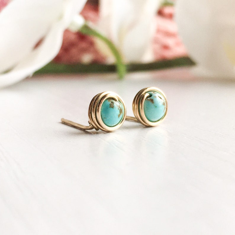 Tiny Turquoise Stud Earrings Sterling Silver 14k Gold Rose Gold Filled Dainty Gem Studs, Simple Wire Wrap Earrings December Birthstone Studs image 6