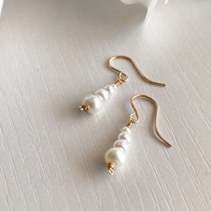 Dainty Pearl Dangle Earrings, Silver 14k Gold/Rose Gold Filled, Freshwater White Pearl Gemstone Drop Earrings, Simple Bridal June Birthstone image 7