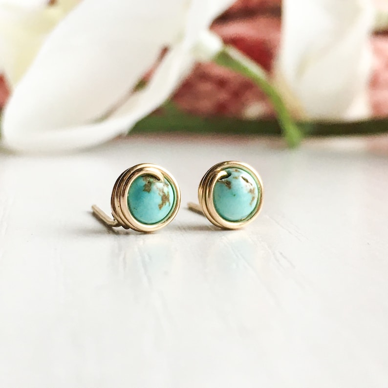 Tiny Turquoise Stud Earrings Sterling Silver 14k Gold Rose Gold Filled Dainty Gem Studs, Simple Wire Wrap Earrings December Birthstone Studs image 1