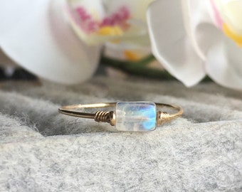 Moonstone Ring 14K Gold/Rose Gold Filled Sterling Silver Ring June Birthstone Ring Dainty Stacking Ring Tiny Rectangle Gemstone Crystal Ring