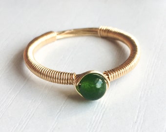 Tiny Jade Ring 14K Gold/Rose Gold Filled Sterling Silver Wire Wrapped Ring, Green Gemstone Ring, Dainty Tiny Stone Ring, Simple Crystal Ring