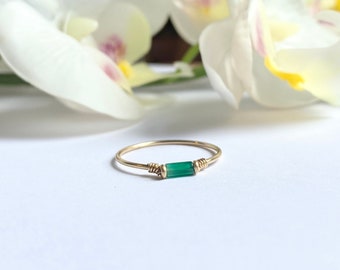 Green Agate Ring 14K Gold/Rose Gold Filled Sterling Silver Wire Wrap Dainty Ring Green Tube Tiny Gemstone Skinny Band Spinner Anxiety Simple