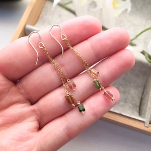 Tourmaline Dangle Earrings Sterling Silver 14k Gold-Rose Gold Filled Dainty Chain Drop Multi-coloured Tourmaline Earrings Pink Gemstone