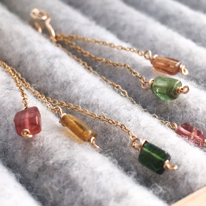 Tourmaline Dangle Clip On Earrings Sterling Silver 14k Gold-Rose Gold Filled Dainty Chain Drop Earrings Faux Clip Earrings Multicoloured Gem image 4