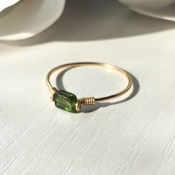 Green Tourmaline Ring 14K Gold/Rose Gold Filled Sterling Silver, Wire Wrap Ring Green Rectangle Gemstone, Skinny Band Spinner Anxiety Ring