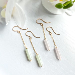 Rose Quartz Dangle Chain Earrings, Sterling Silver 14k Gold Rose Gold Filled Dainty Rose Quartz Column Tube Gemstone Chain Drop Hook Earring image 6