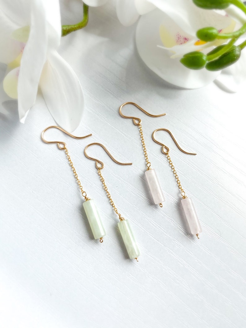 Rose Quartz Dangle Chain Earrings, Sterling Silver 14k Gold Rose Gold Filled Dainty Rose Quartz Column Tube Gemstone Chain Drop Hook Earring image 6