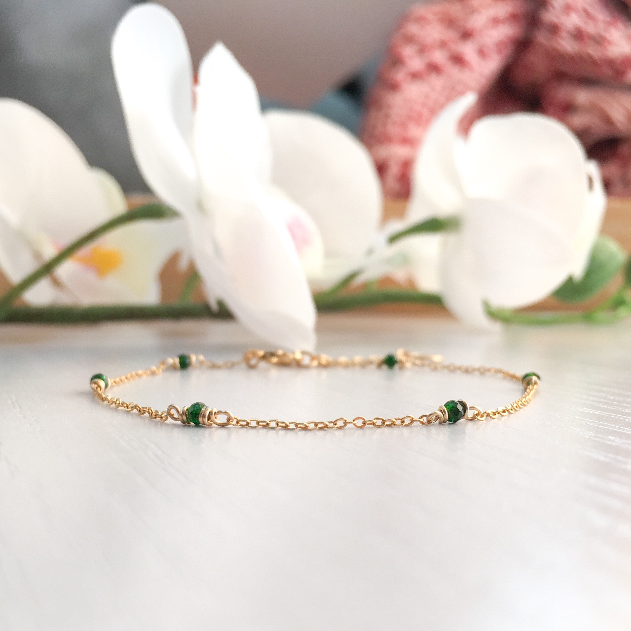 Dainty Green Jade & 14K Gold Filled Beaded Stretch Bracelet main image 1