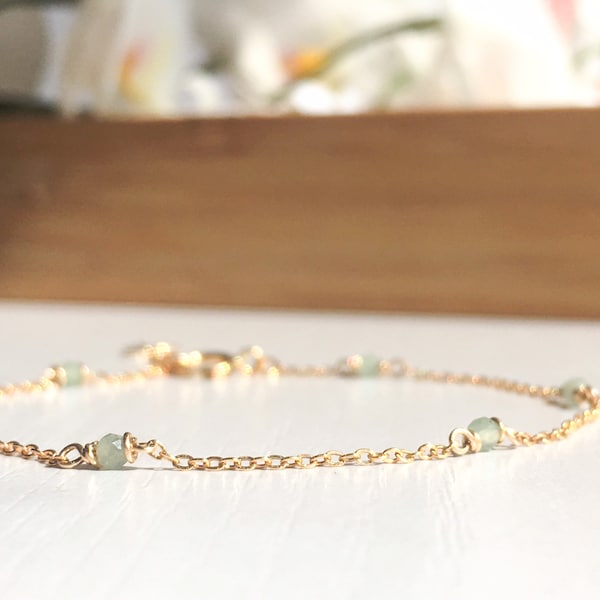 Dainty Pale Green Jade Bracelet, Delicate Sterling Silver 14k Gold Rose Gold Filled Simple Bracelet Tiny Gemstone Minimal Layering Bracelet