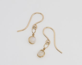 Tiny Moonstone Dangle Earrings Sterling Silver 14k Gold Rose Gold Filled Dainty Rainbow Moonstone Gemstone Earrings Simple Drop Earrings