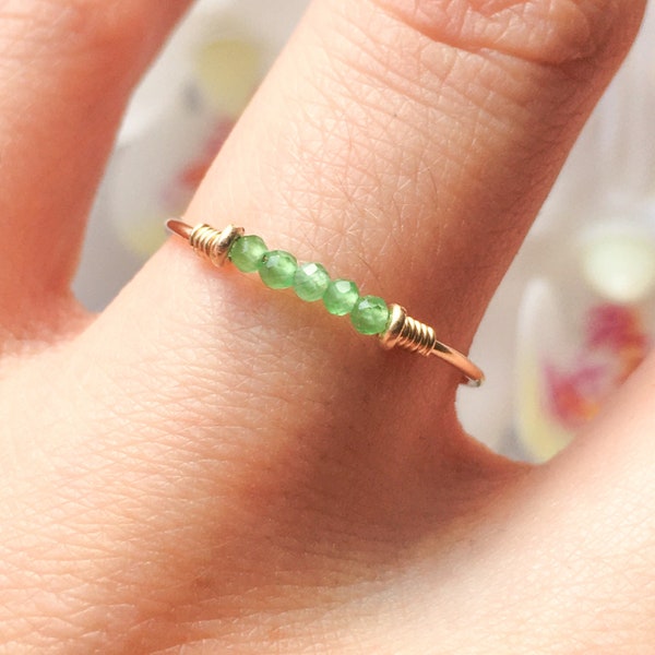 Tiny Jade Ring 14K Gold/Rose Gold Filled Sterling Silver Wire Wrap Ring Pale Green Jade Gemstone Bar Ring Tiny Stone Ring Simple Skinny Ring