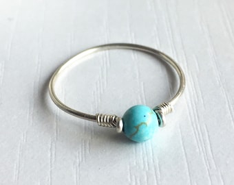 Tiny Turquoise Ring 14K Gold/14K Rose Gold Filled Sterling Silver Skinny Ring December Birthstone Stacking Ring Blue Gemstone Wire Wrap Ring