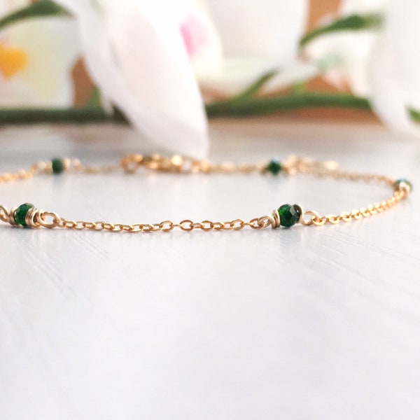 Dainty Dark Green Jade Bracelet, Delicate Sterling Silver 14k Gold Rose Gold Filled Simple Bracelet Tiny Gemstone Minimal Layering Bracelet