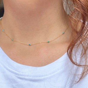 Dainty Turquoise Station Necklace Sterling Silver 14k Gold/Rose Gold Blue Floating Gemstone Necklace December Birthstone Tiny Rosary Chain