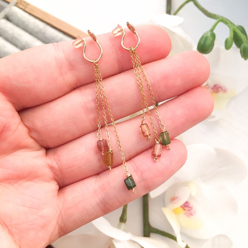 Tourmaline Dangle Clip On Earrings Sterling Silver 14k Gold-Rose Gold Filled Dainty Chain Drop Earrings Faux Clip Earrings Multicoloured Gem image 3