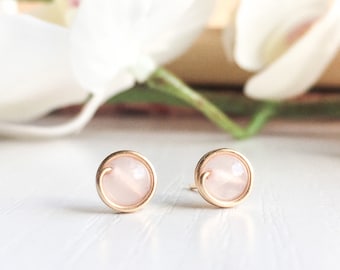 Tiny Rose Quartz Stud Earrings Sterling Silver 14k Gold Rose Gold Filled Dainty Studs Simple Wire Wrapped Earrings Gemstone Stud Pink Quartz