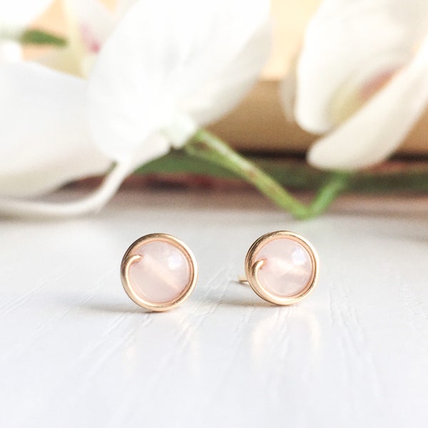 Tiny Rose Quartz Stud Earrings Sterling Silver 14k Gold Rose Gold Filled Dainty Studs Simple Wire Wrapped Earrings Gemstone Stud Pink Quartz