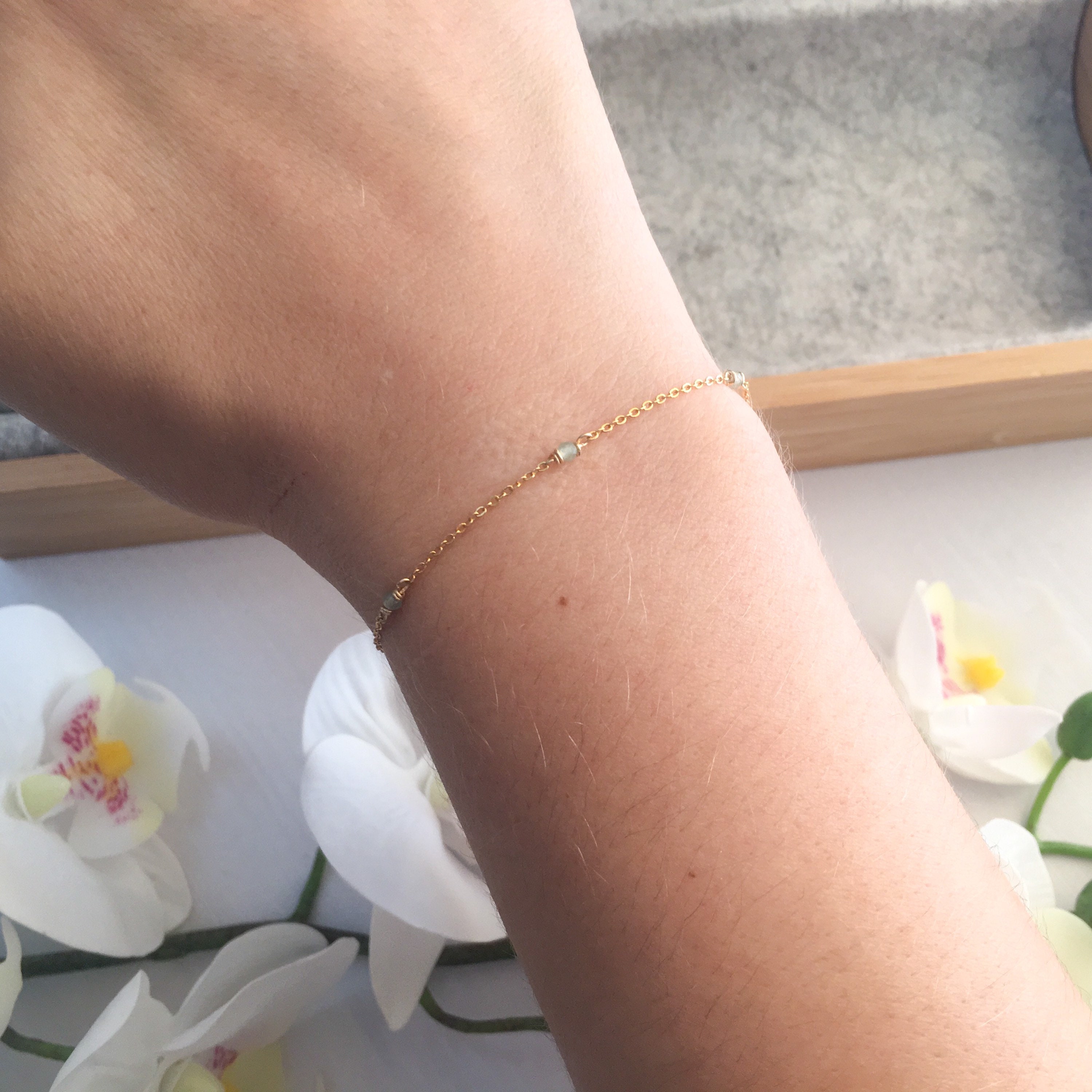 Dainty Green Jade & 14K Gold Filled Beaded Stretch Bracelet