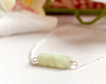 Tiny Jade Bar Necklace, Sterling Silver 14k Gold/Rose Gold, Gemstone Necklace, Dainty Pale Jade Pendant, Delicate Green Jade Column Pendant