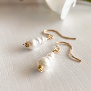 Dainty Pearl Dangle Earrings, Silver 14k Gold/Rose Gold Filled, Freshwater White Pearl Gemstone Drop Earrings, Simple Bridal June Birthstone image 4