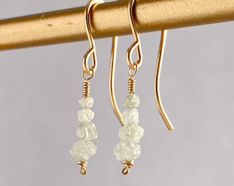 Dainty Diamond Dangle Earrings, Silver 14k Gold/Rose Gold Filled, White Raw Diamond Drop Earring, Rough Ice Grey Diamond Nugget Bridal April