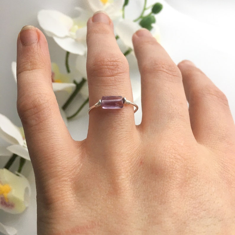 Amethyst Ring 14K Gold/Rose Gold Filled Sterling Silver, Purple Rectangle Gemstone Skinny Band Spinner Anxiety Ring February Birthstone image 1