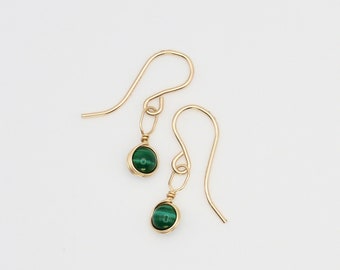 Tiny Malachite Dangle Earrings, Sterling Silver 14k Gold/Rose Filled Dainty Dark Green Gemstone Drop Earrings Simple French Hook Earrings