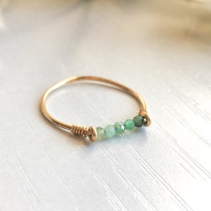 Tiny Emerald Ring 14K Gold/Rose Gold Filled Sterling Silver Wire Wrap Green Gemstone Bar Tiny Stone Simple Skinny Band Ring May Birthstone