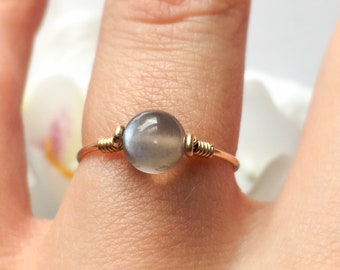 Grey Moonstone Ring 14K Gold/Rose Gold Filled Sterling Silver, June Birthstone Skinny Ring, Dainty Stacking Ring Small Gemstone Crystal Ring