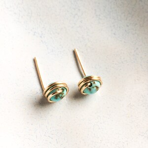 Tiny Turquoise Stud Earrings Sterling Silver 14k Gold Rose Gold Filled Dainty Gem Studs, Simple Wire Wrap Earrings December Birthstone Studs image 4
