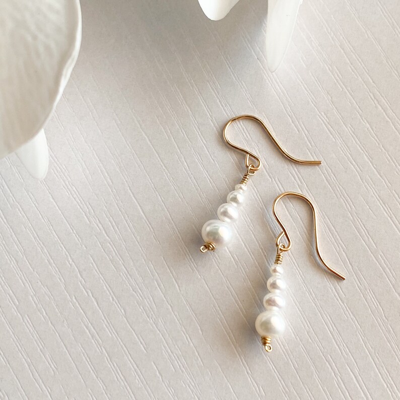 Dainty Pearl Dangle Earrings, Silver 14k Gold/Rose Gold Filled, Freshwater White Pearl Gemstone Drop Earrings, Simple Bridal June Birthstone image 2